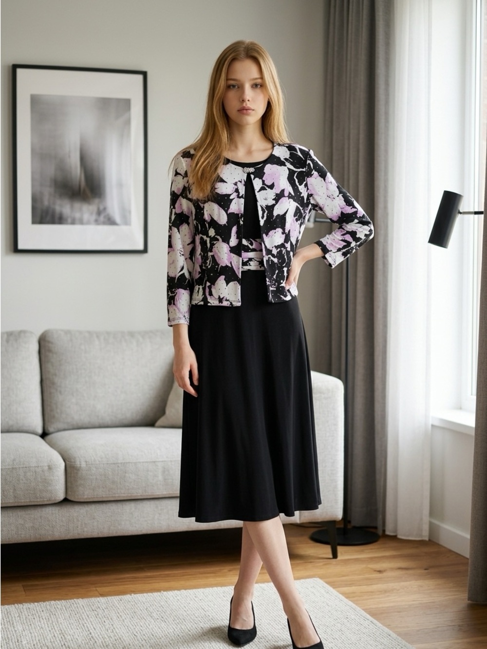 Black A-Line Midi Dress with Jacket - Classic Everyday Style
